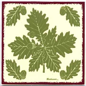 Oak leaves with acorns as a tile, trivet, or wall plaque. Can be used in a kitchen backsplash or bathroom tile.